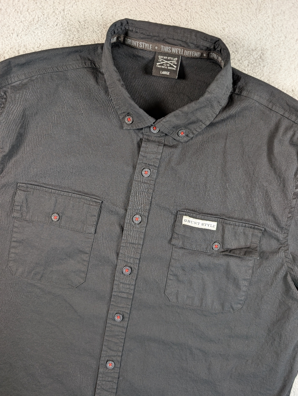 Grunt Style Shirt Mens L Black Button Down USA Flag Patch